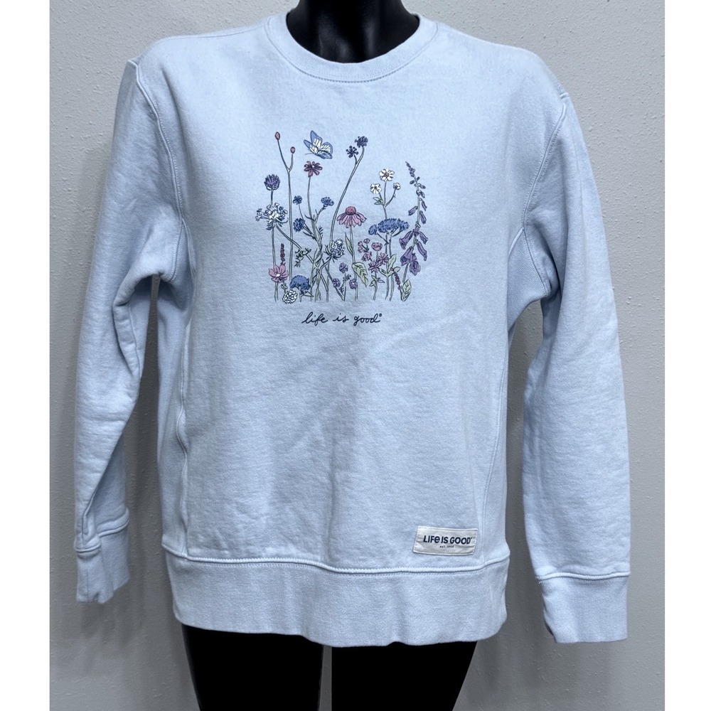 Life is Good Womens M Wildflower Graphic Crewneck Sweatshirt Blue Femnine Nature